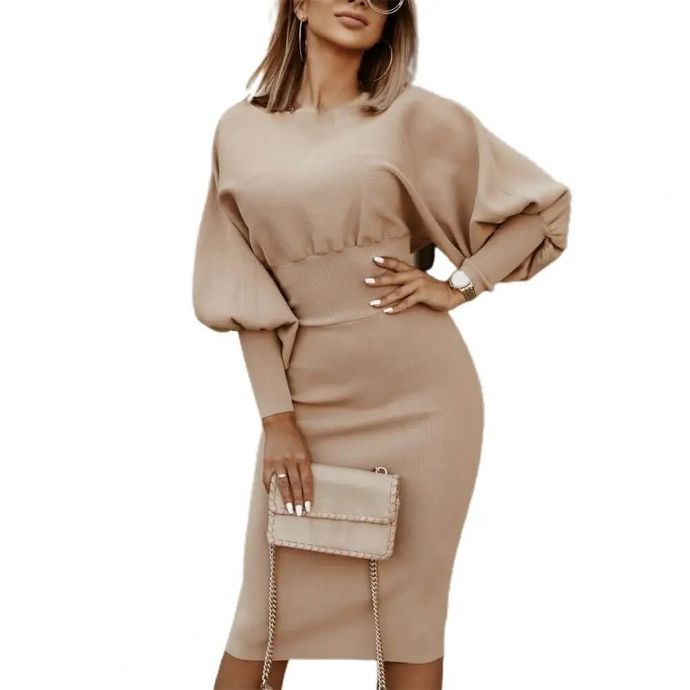 Women Dress Autumn Winter Puff Sleeve Slim - Fit round Neck Knee Length Office Elegant Party Dress Lady for Home Women Clothes - NovaNest