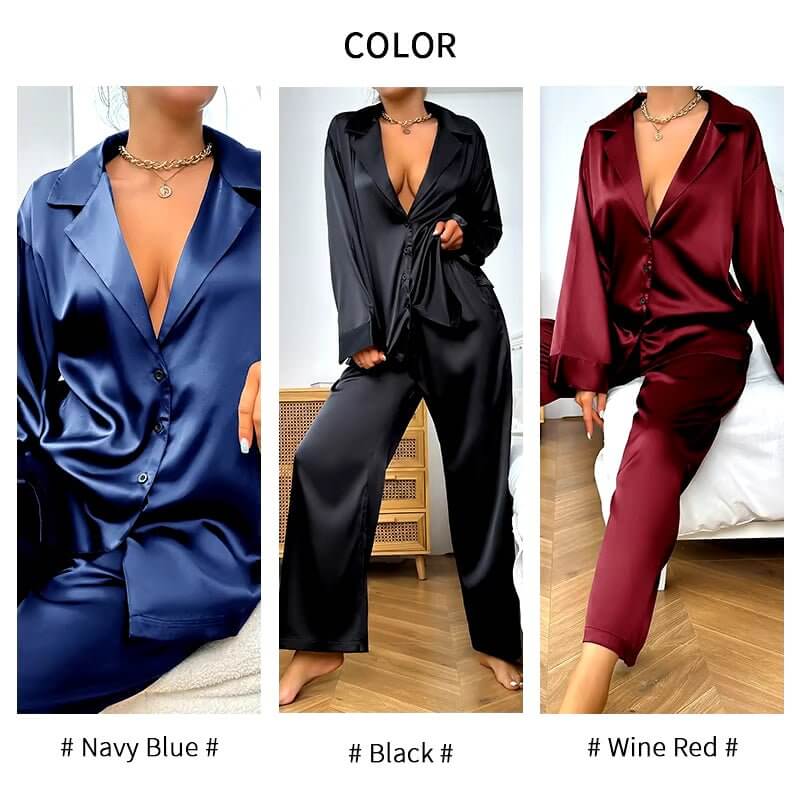 Womens 2 Piece Silk Satin Pajamas Long Sleeve Deep V - Neck Lounge Sets Button down Shirts and Pants Pj Fashion Oversized Outfits - NovaNest