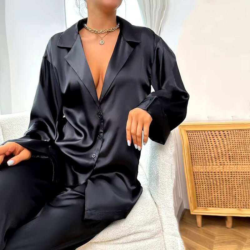 Womens 2 Piece Silk Satin Pajamas Long Sleeve Deep V - Neck Lounge Sets Button down Shirts and Pants Pj Fashion Oversized Outfits - NovaNest