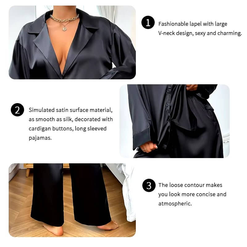 Womens 2 Piece Silk Satin Pajamas Long Sleeve Deep V - Neck Lounge Sets Button down Shirts and Pants Pj Fashion Oversized Outfits - NovaNest