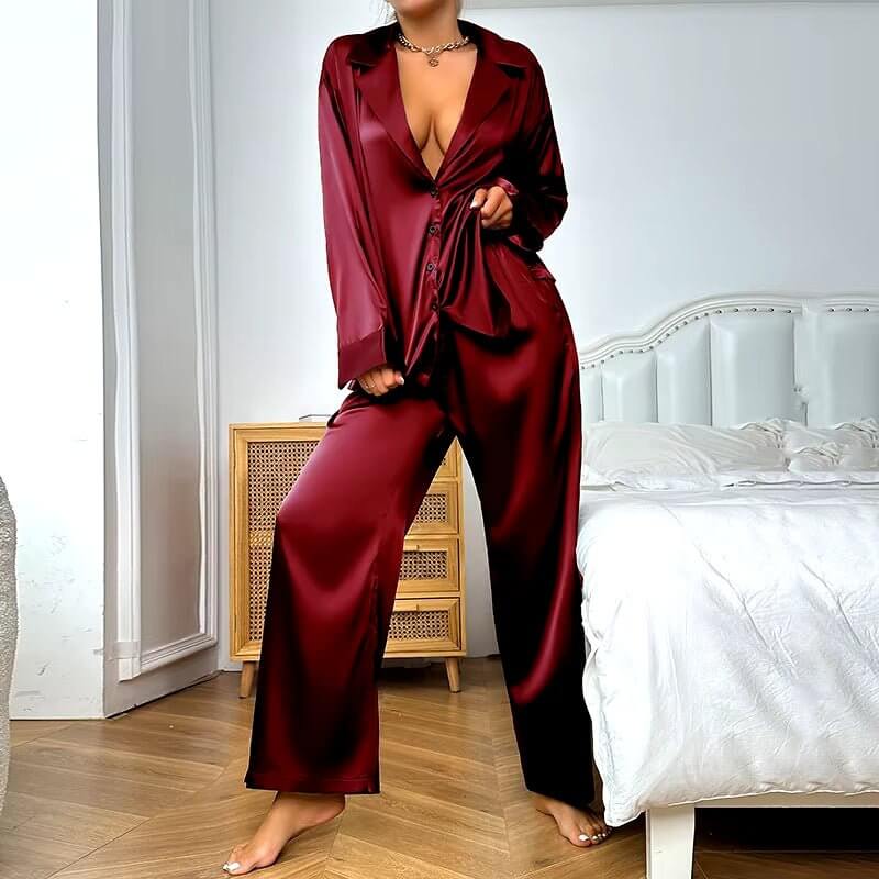 Womens 2 Piece Silk Satin Pajamas Long Sleeve Deep V - Neck Lounge Sets Button down Shirts and Pants Pj Fashion Oversized Outfits - NovaNest