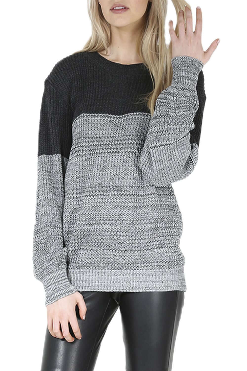 Womens Baggy Pullover Jumper Long Sleeve round Neck Contrast Block Stripe Top - NovaNest