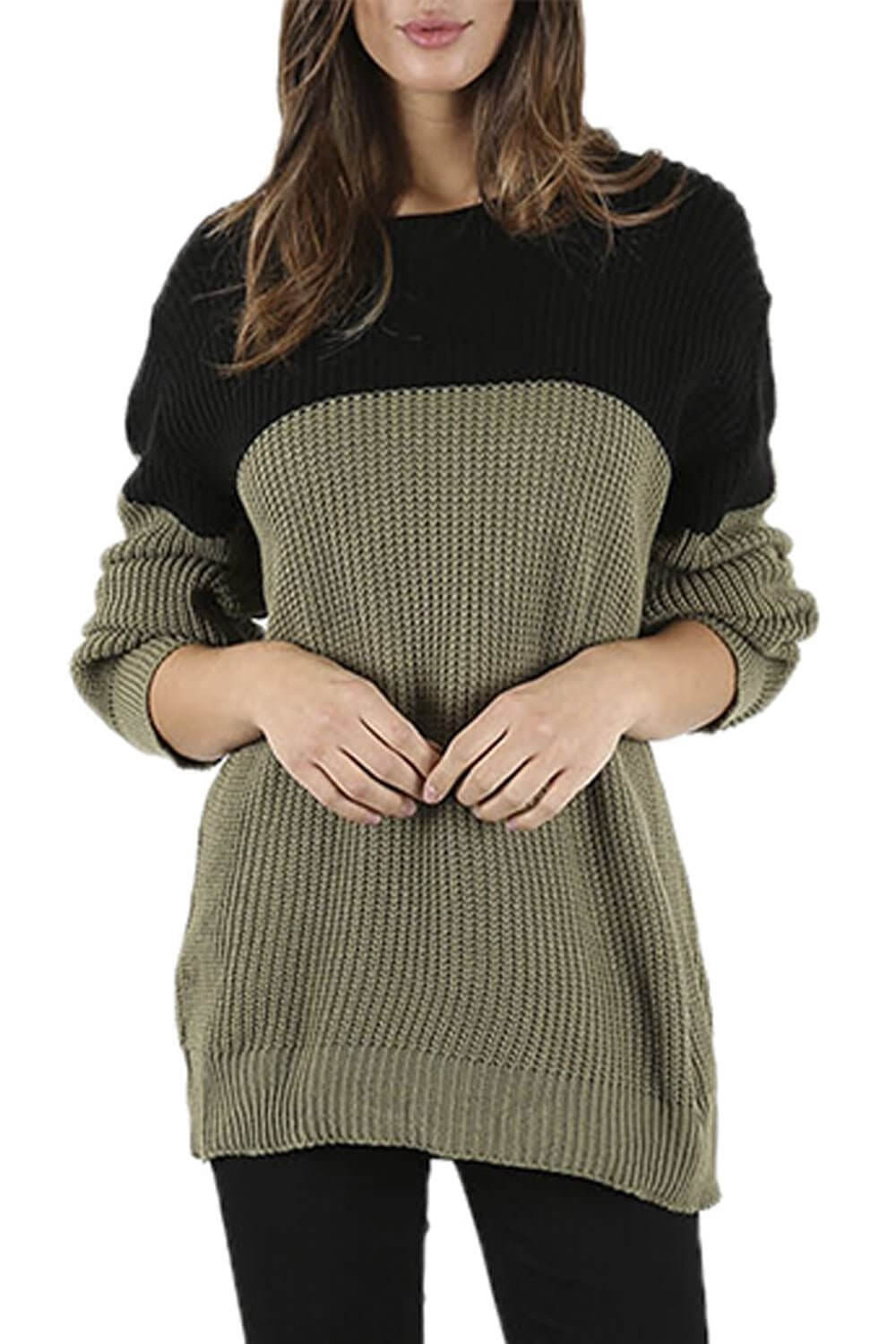 Womens Baggy Pullover Jumper Long Sleeve round Neck Contrast Block Stripe Top - NovaNest