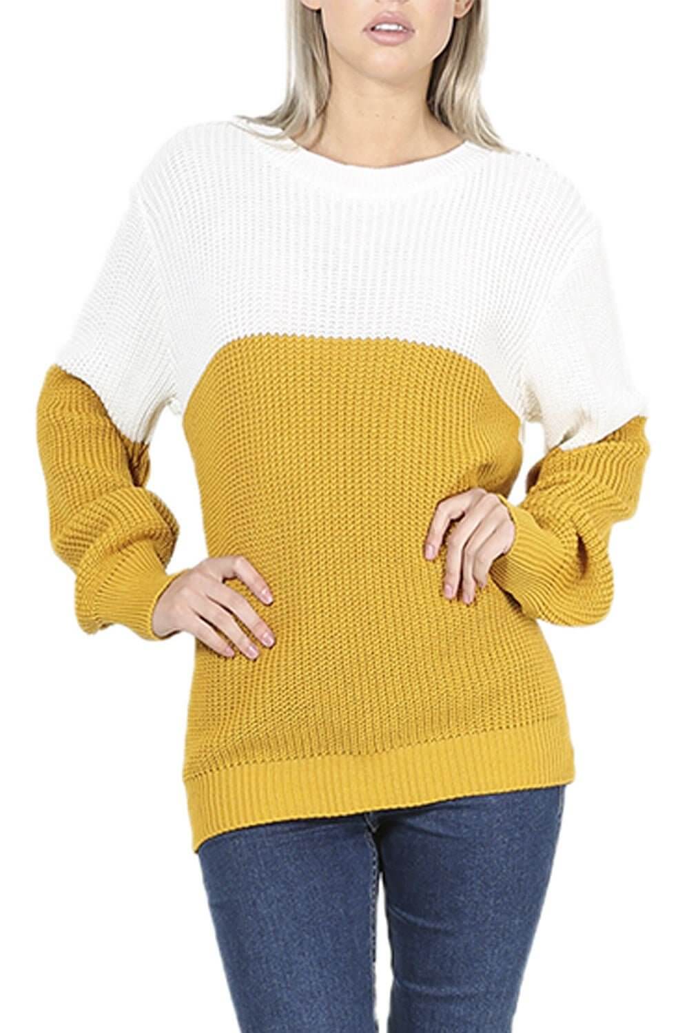 Womens Baggy Pullover Jumper Long Sleeve round Neck Contrast Block Stripe Top - NovaNest