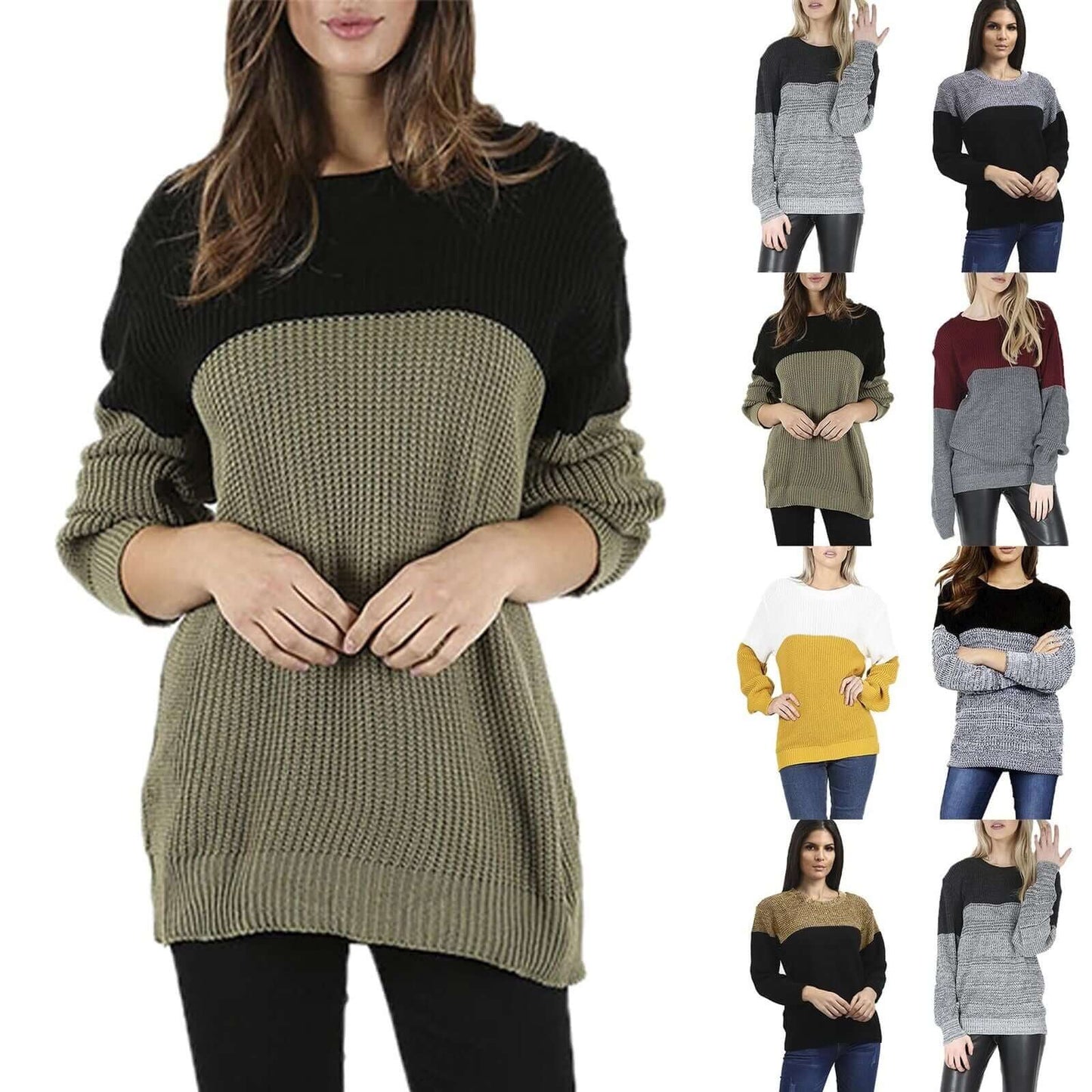 Womens Baggy Pullover Jumper Long Sleeve round Neck Contrast Block Stripe Top - NovaNest