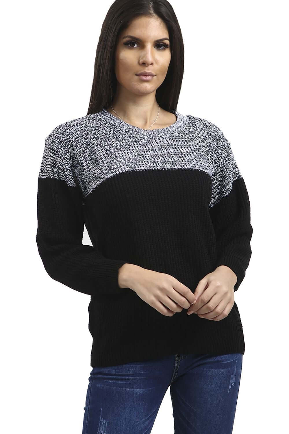 Womens Baggy Pullover Jumper Long Sleeve round Neck Contrast Block Stripe Top - NovaNest