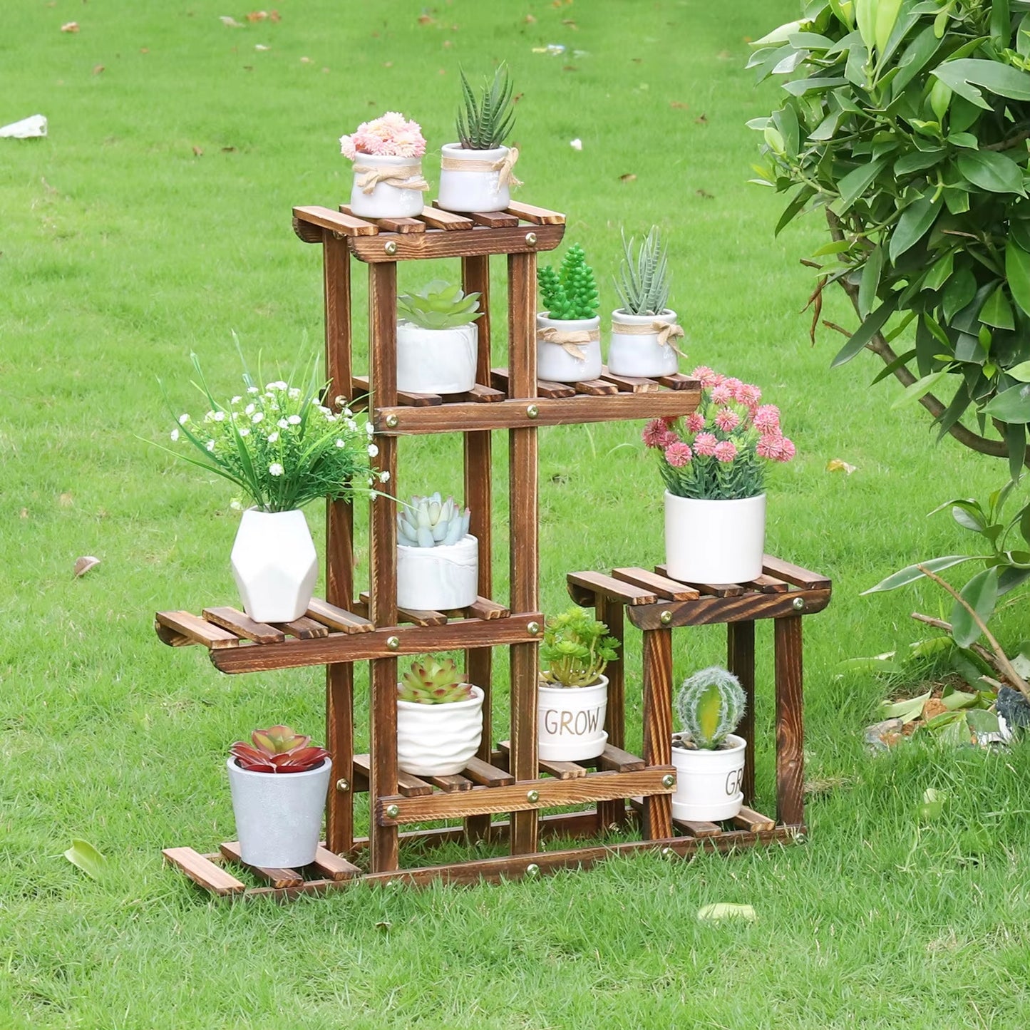 Wood Plant Shelves Indoor Outdoor Plant Pot Stand Holder Corner Plant Display Shelving Unit for Balcony Garden Patio Living Room - NovaNest