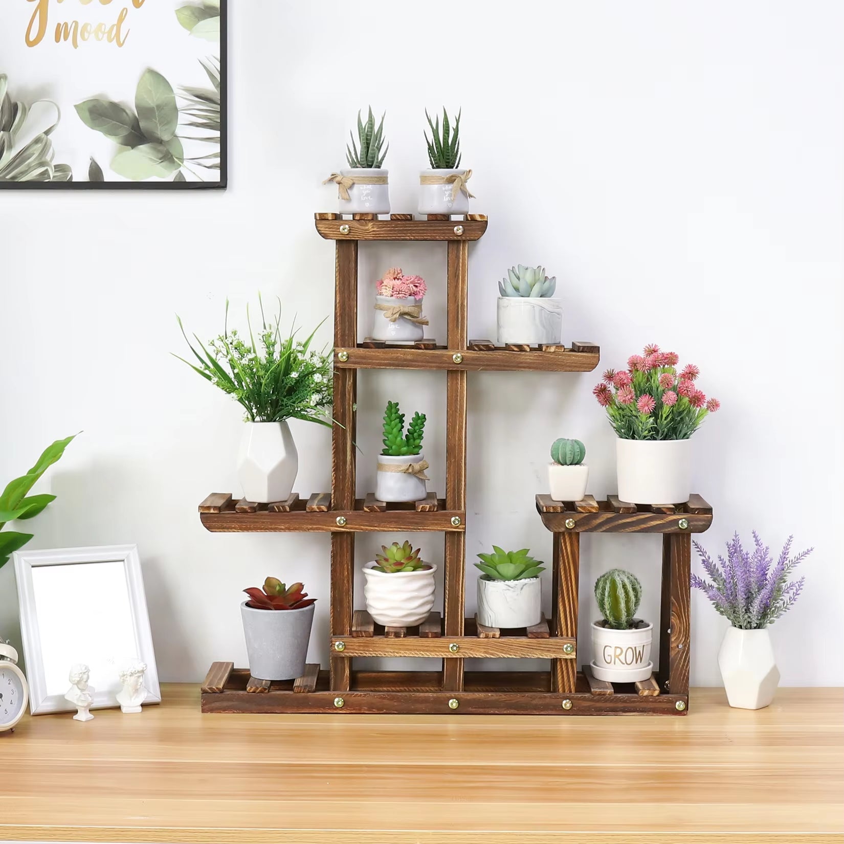 Wood Plant Shelves Indoor Outdoor Plant Pot Stand Holder Corner Plant Display Shelving Unit for Balcony Garden Patio Living Room - NovaNest